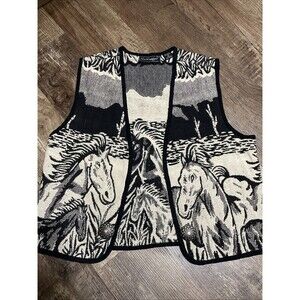 Vtg Horse Equestrian Tapestry Vest Cowgirl Western Black White Sz M Concho Boho